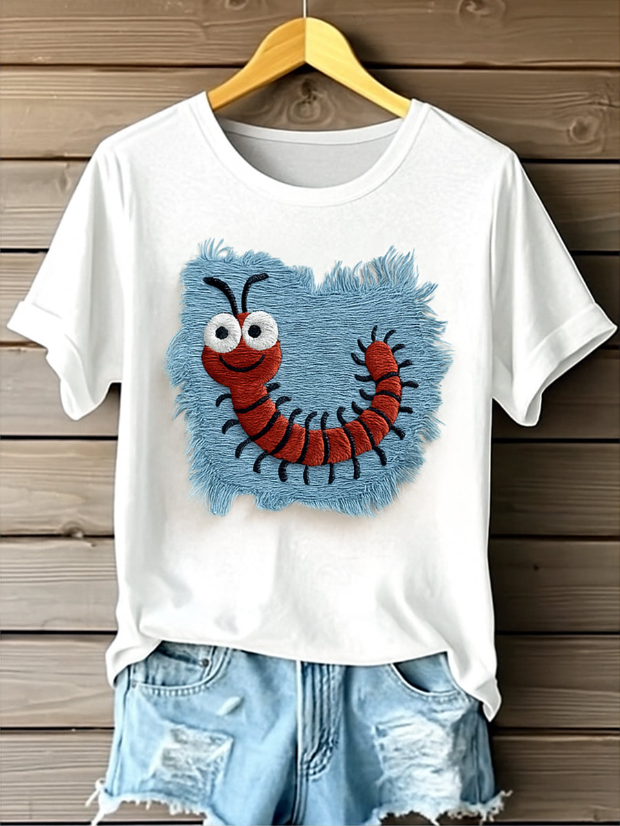 Retro Wild Scolopendra Denim Pattern Printed Vintage Round Neck Short Sleeves T-Shirt