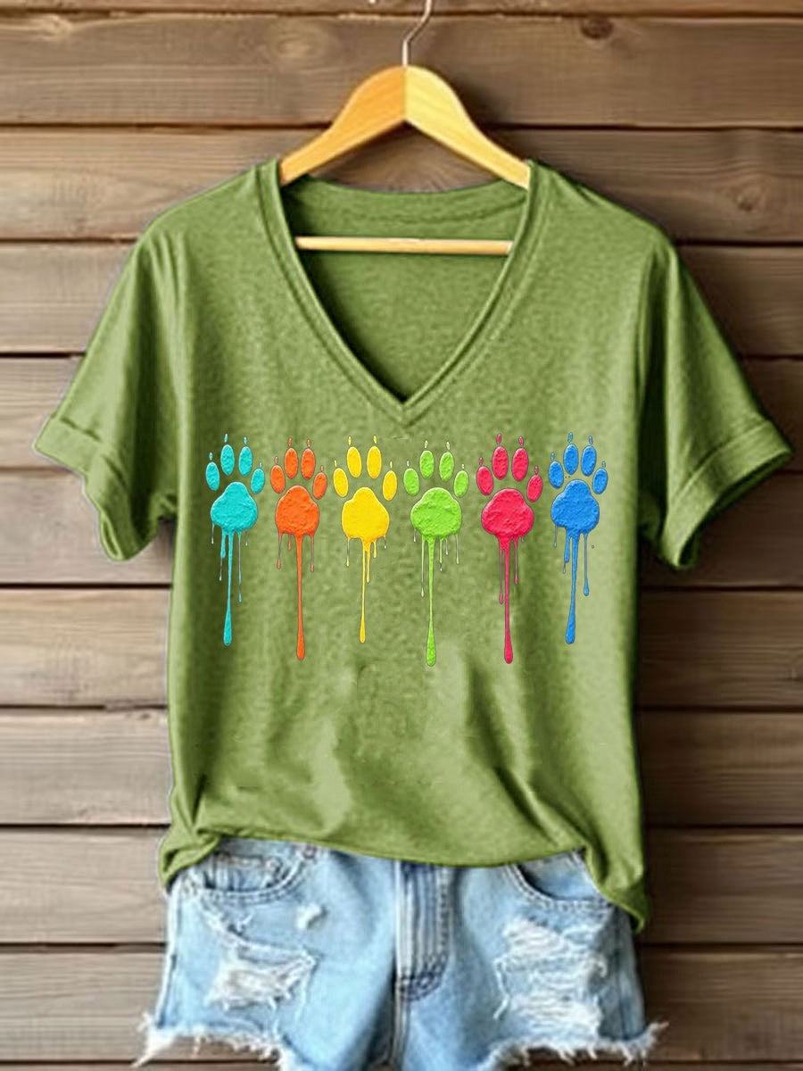 Women's Colorful Dog Paw Print Dog Lovers Casual V-Neck Tee