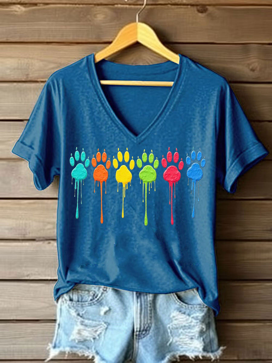 Women's Colorful Dog Paw Print Dog Lovers Casual V-Neck Tee