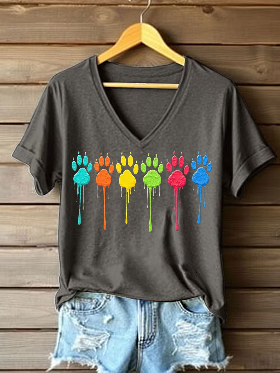 Women's Colorful Dog Paw Print Dog Lovers Casual V-Neck Tee