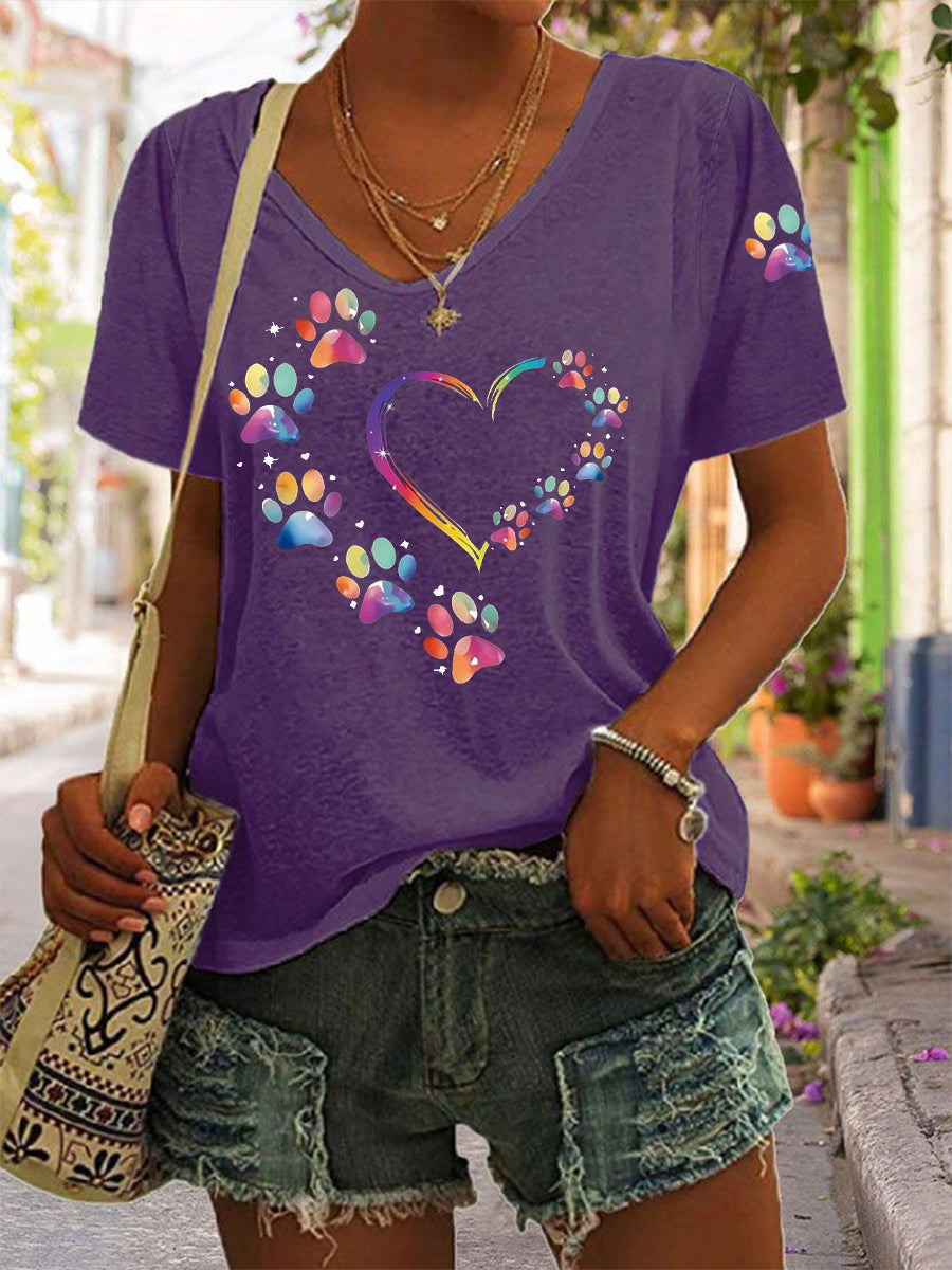 Women's Colorful Dog Paw Heart Print Dog Lover Casual V-Neck Tee