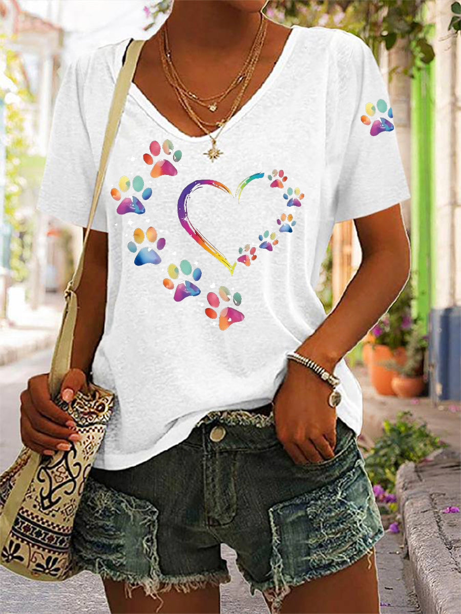Women's Colorful Dog Paw Heart Print Dog Lover Casual V-Neck Tee
