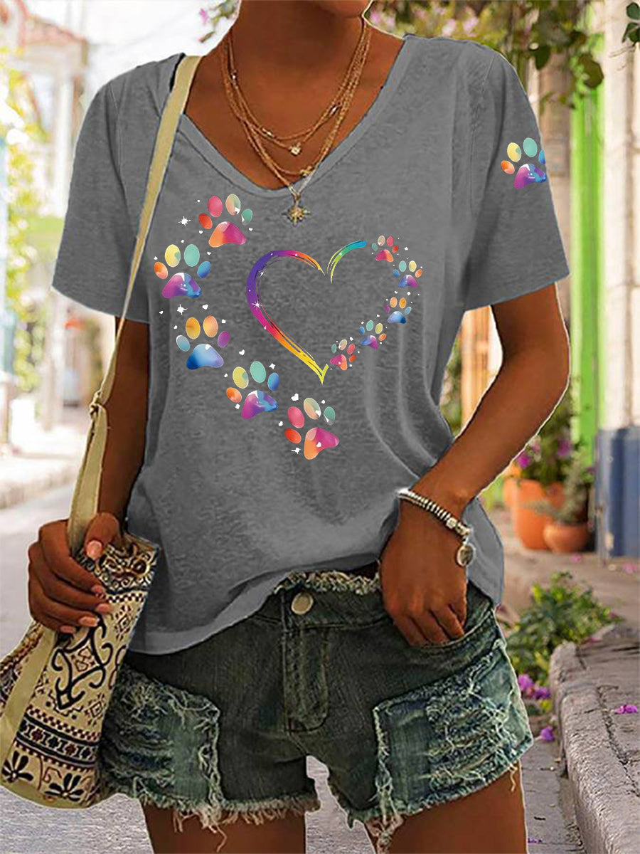 Women's Colorful Dog Paw Heart Print Dog Lover Casual V-Neck Tee