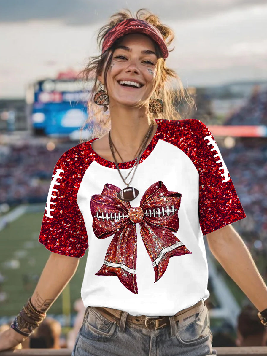 Women's Glitter Football Bow Print Football Fans Gameday Casual Tee