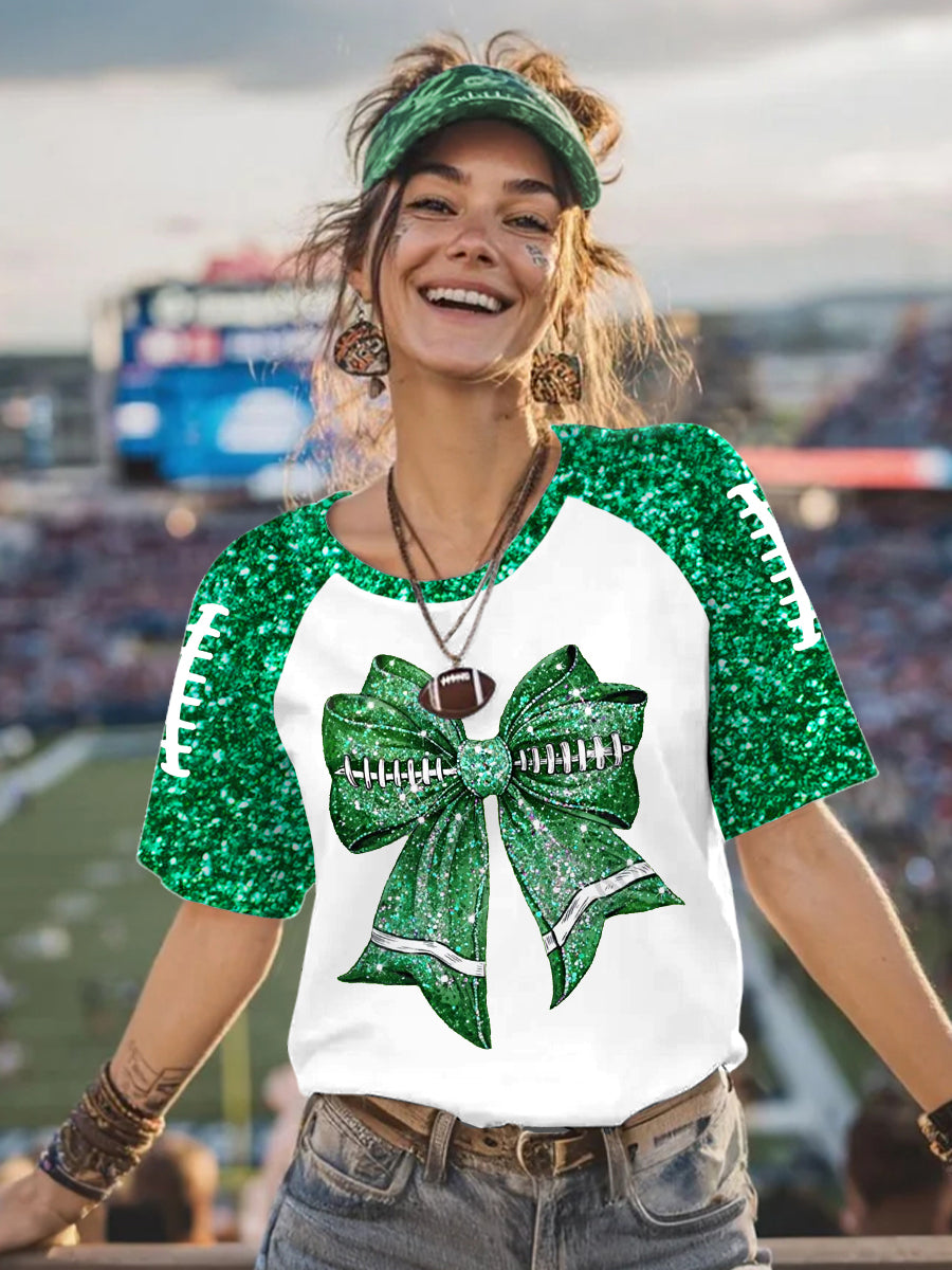 Women's Glitter Football Bow Print Football Fans Gameday Casual Tee