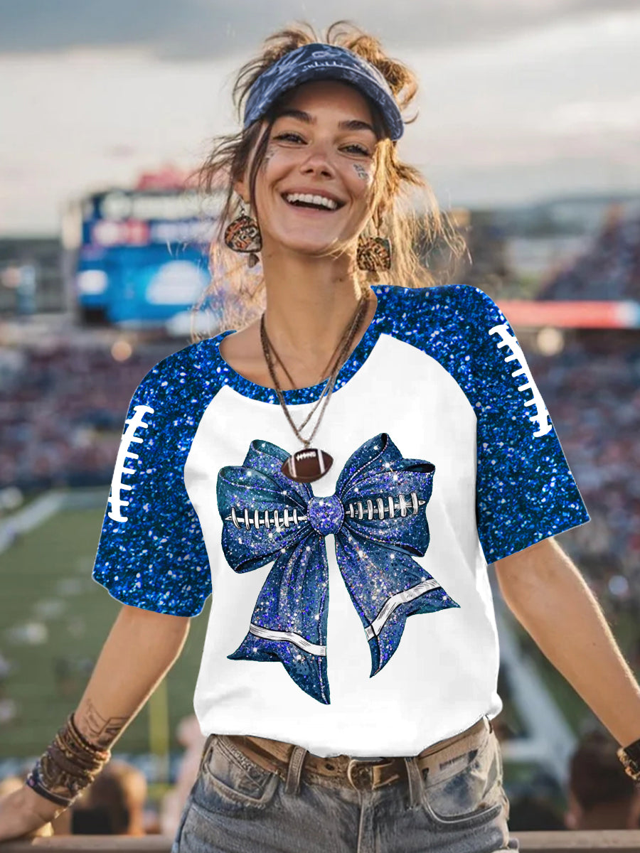 Women's Glitter Football Bow Print Football Fans Gameday Casual Tee