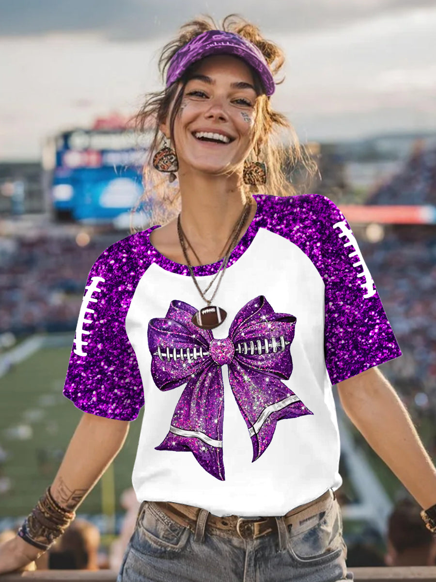 Women's Glitter Football Bow Print Football Fans Gameday Casual Tee
