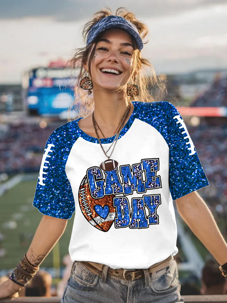 Women's Football Glitter Print Football Fans Gameday Casual Tee