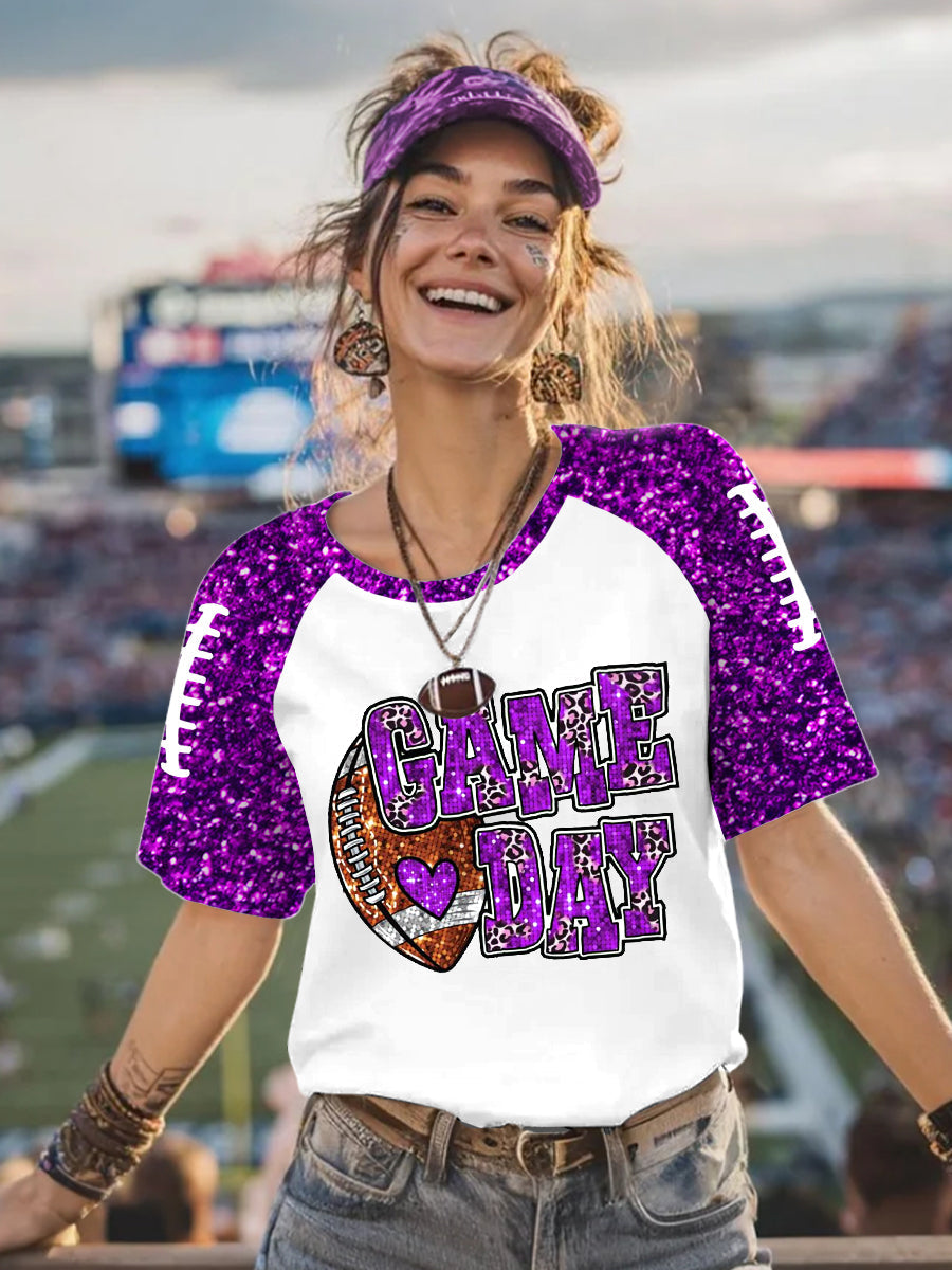 Women's Football Glitter Print Football Fans Gameday Casual Tee