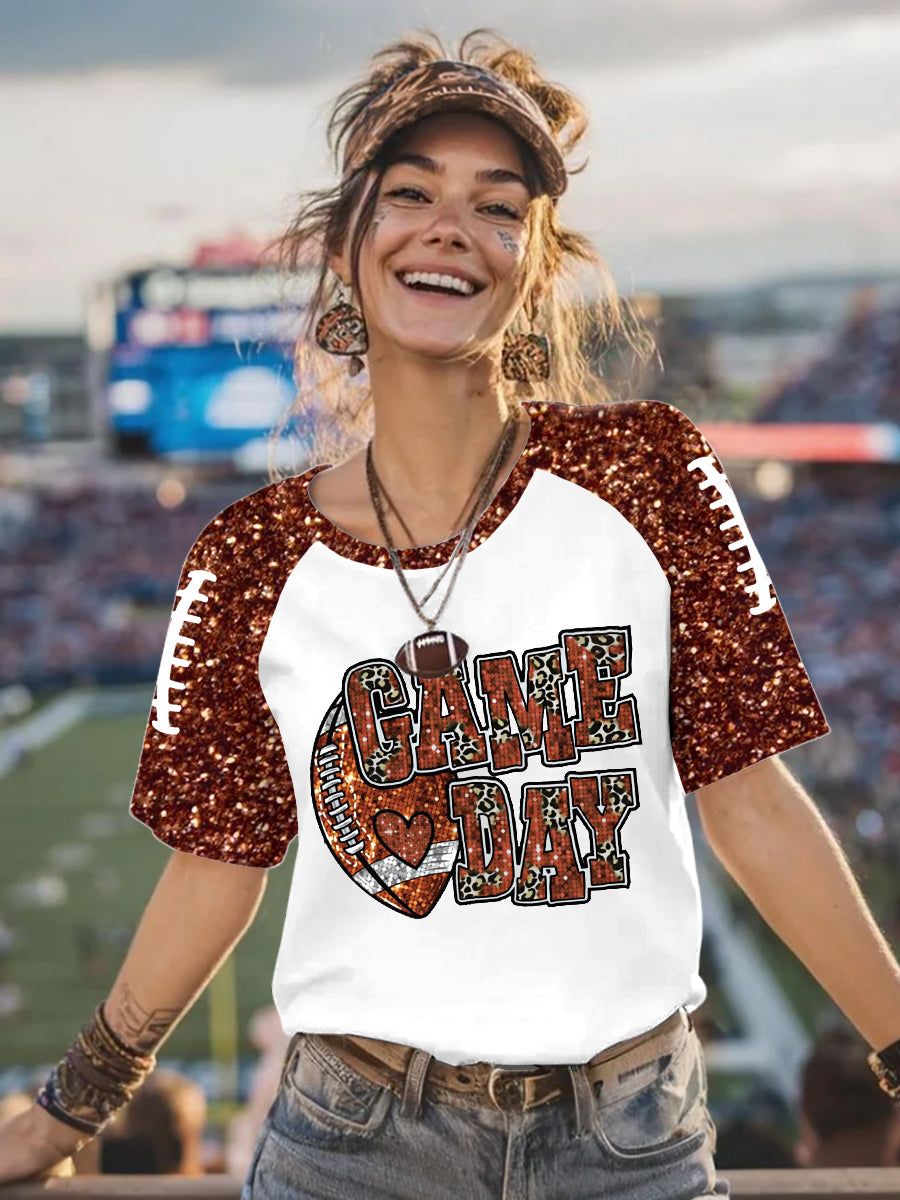 Women's Football Glitter Print Football Fans Gameday Casual Tee