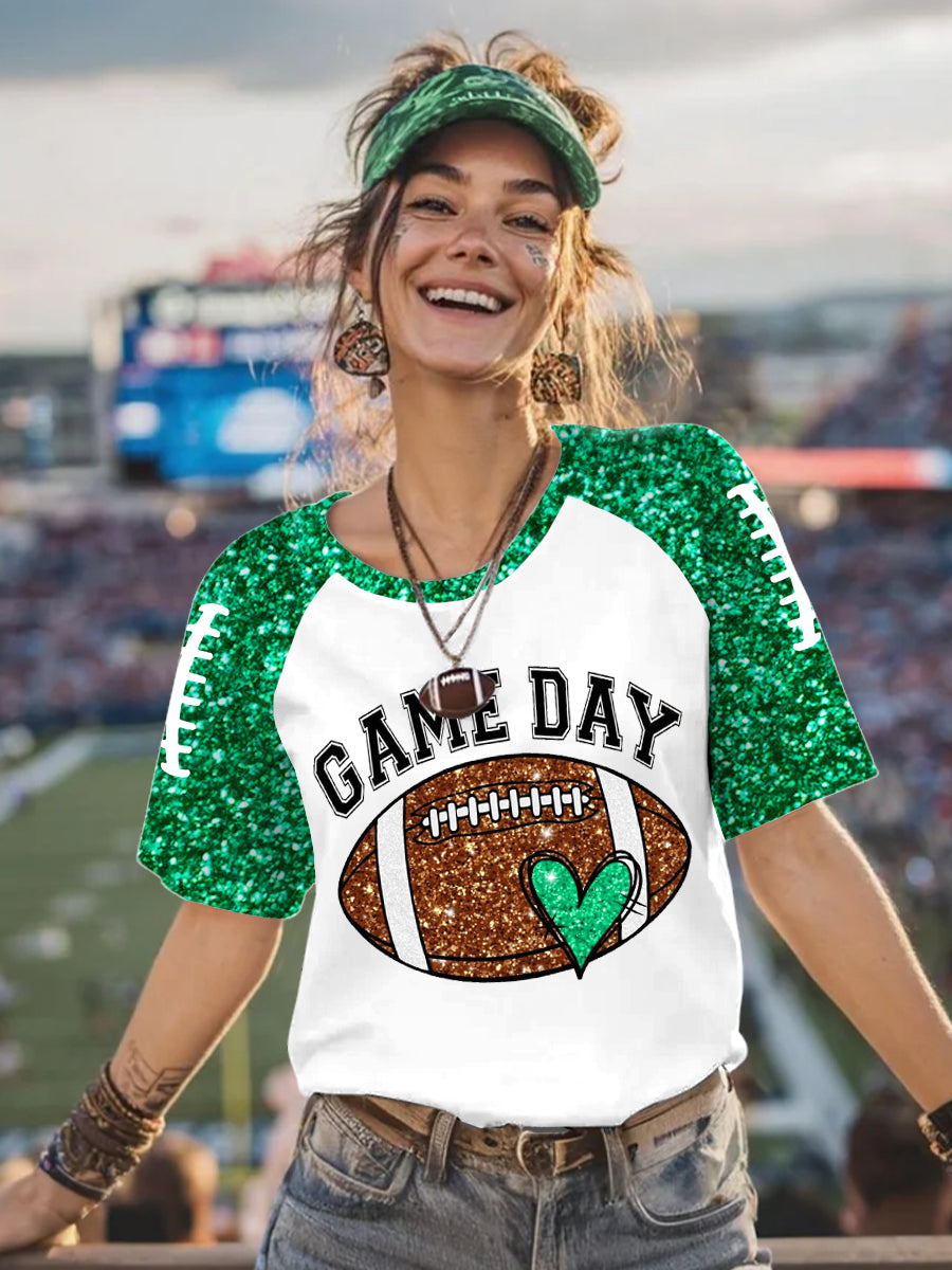 Women's Glitter Football Print Football Fans Gameday Casual Tee