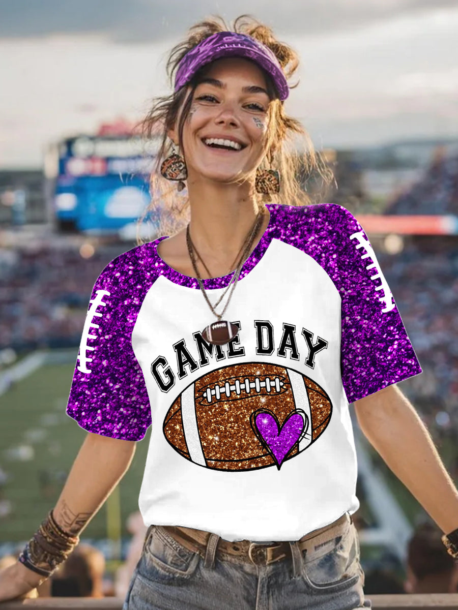 Women's Glitter Football Print Football Fans Gameday Casual Tee