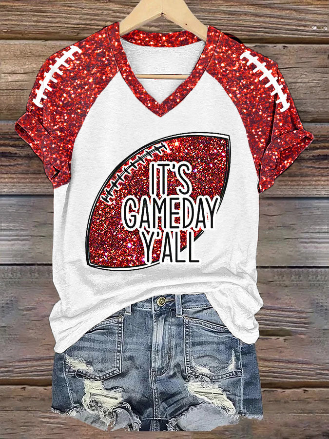 Women's It's Football Y'all Glitter Print Football Fans Gift Casual V-Neck Tee