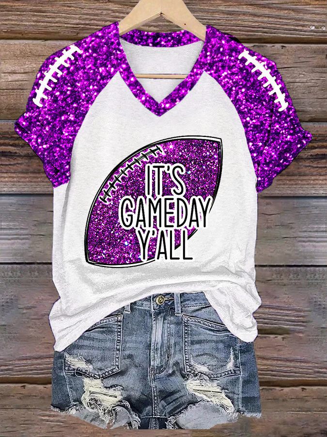 Women's It's Football Y'all Glitter Print Football Fans Gift Casual V-Neck Tee