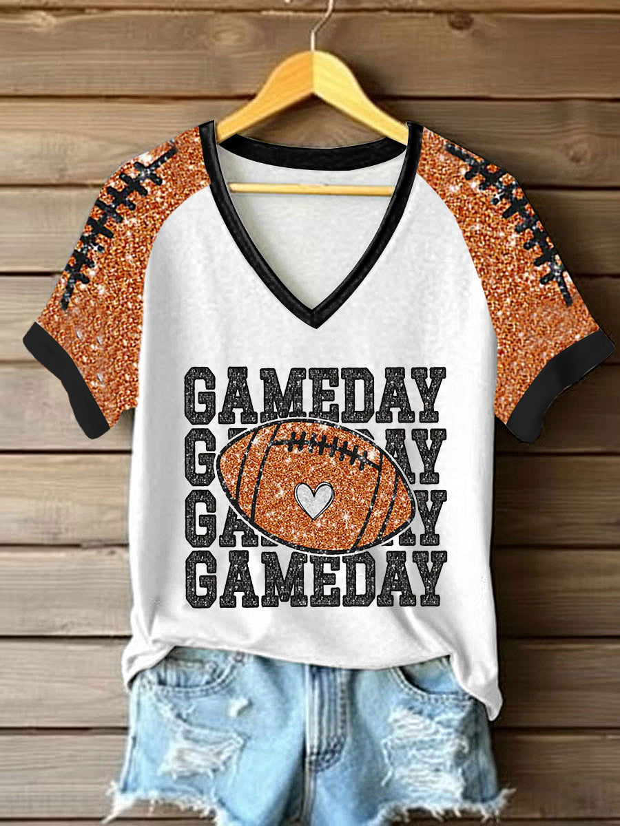 Women's Football Lover Game Day V-neck Off-shoulder Short-sleeved T-shirt