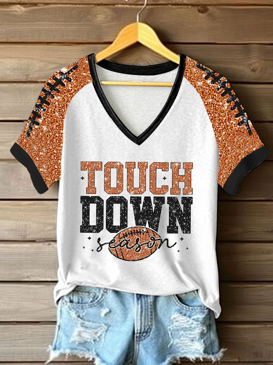 Women's Football Lover Touch Down Season V-neck Off-shoulder Short-sleeved T-shirt