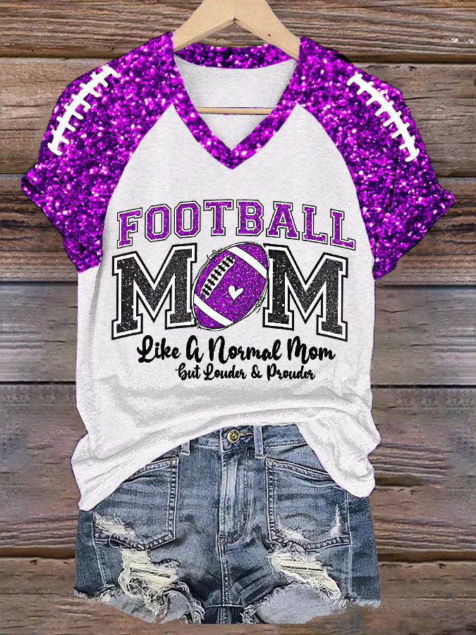 Women's Football Mom Football Gameday Glitter Print Casual V-Neck Tee