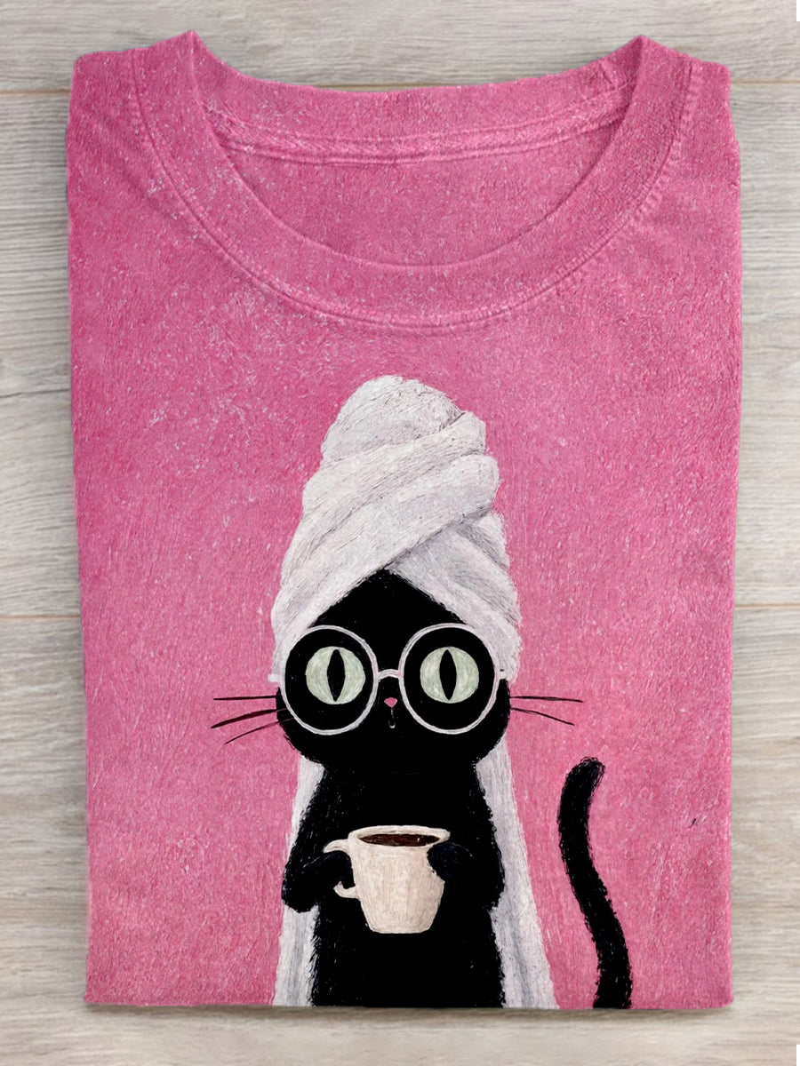 Women's Funny Cat Art Print Washed Short Sleeve T-Shirt