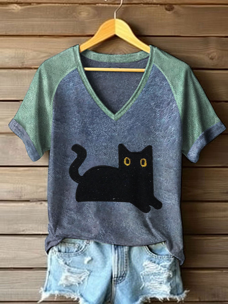 Women's black cat color-block V-neck T-shirts