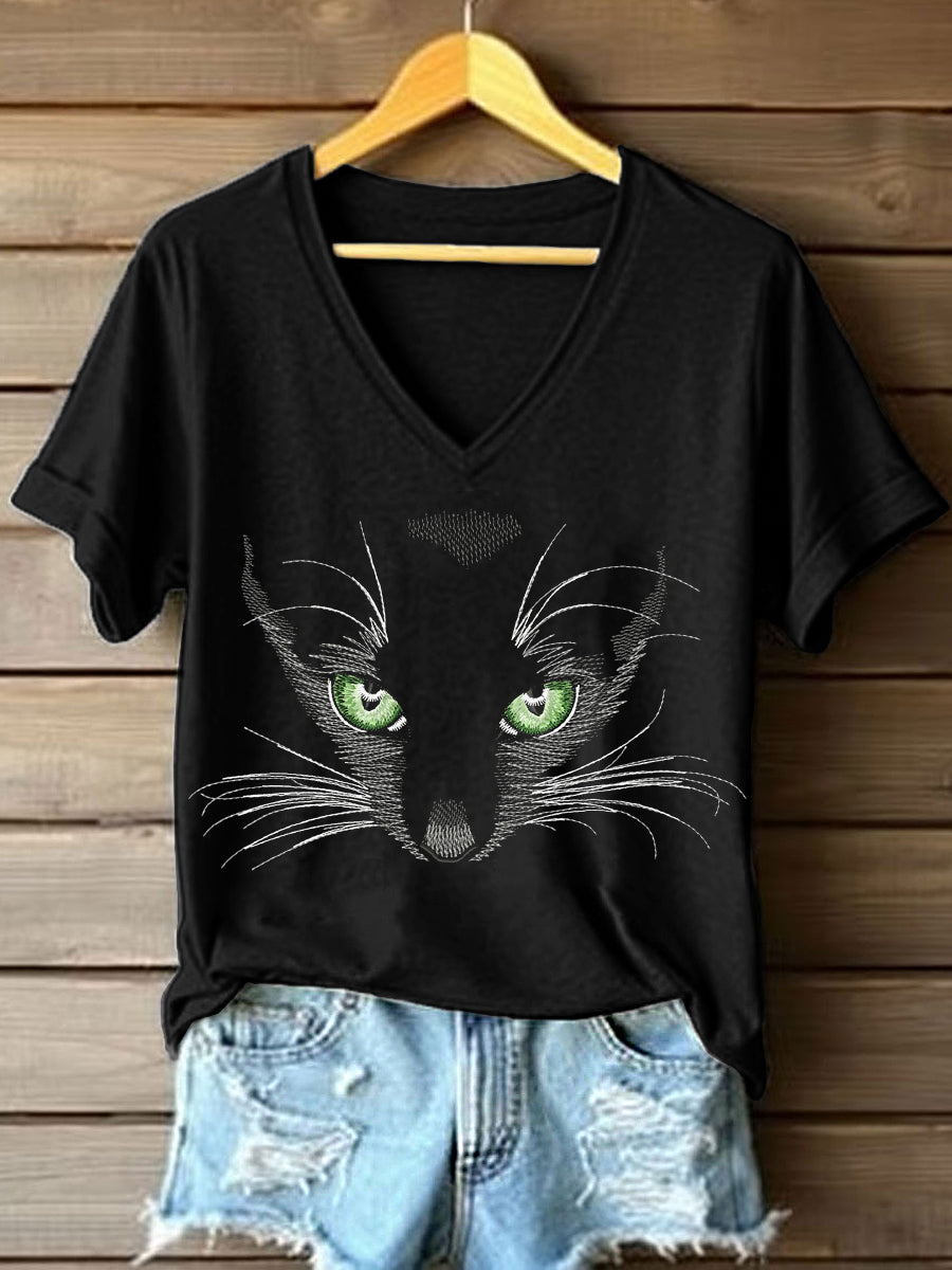 Women's Cat Face Embroidered V-neck T-shirt