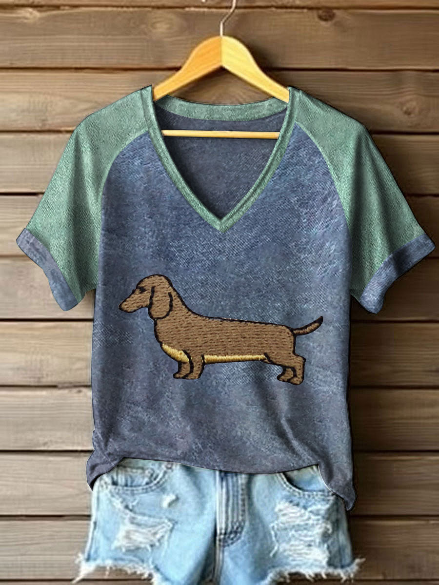 Women's Dachshund print V-neck T-shirts