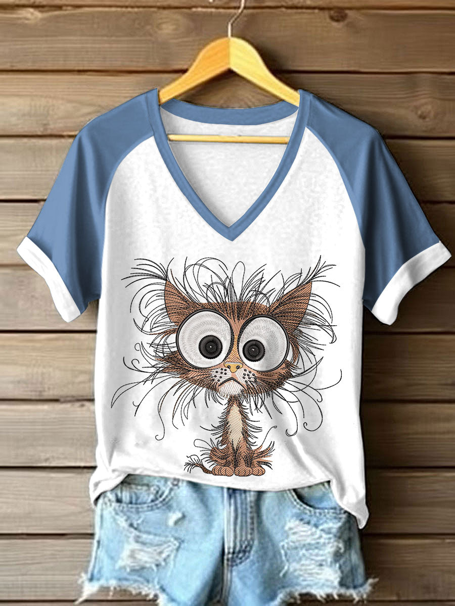 Women's Fun Cat Print V-Neck T-Shirts