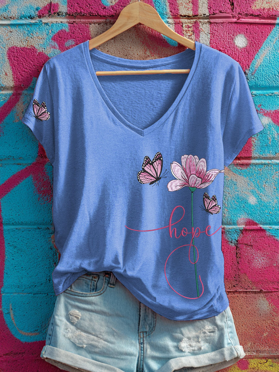 Women's Hope Floral and Butterfly V-Neck T-Shirts