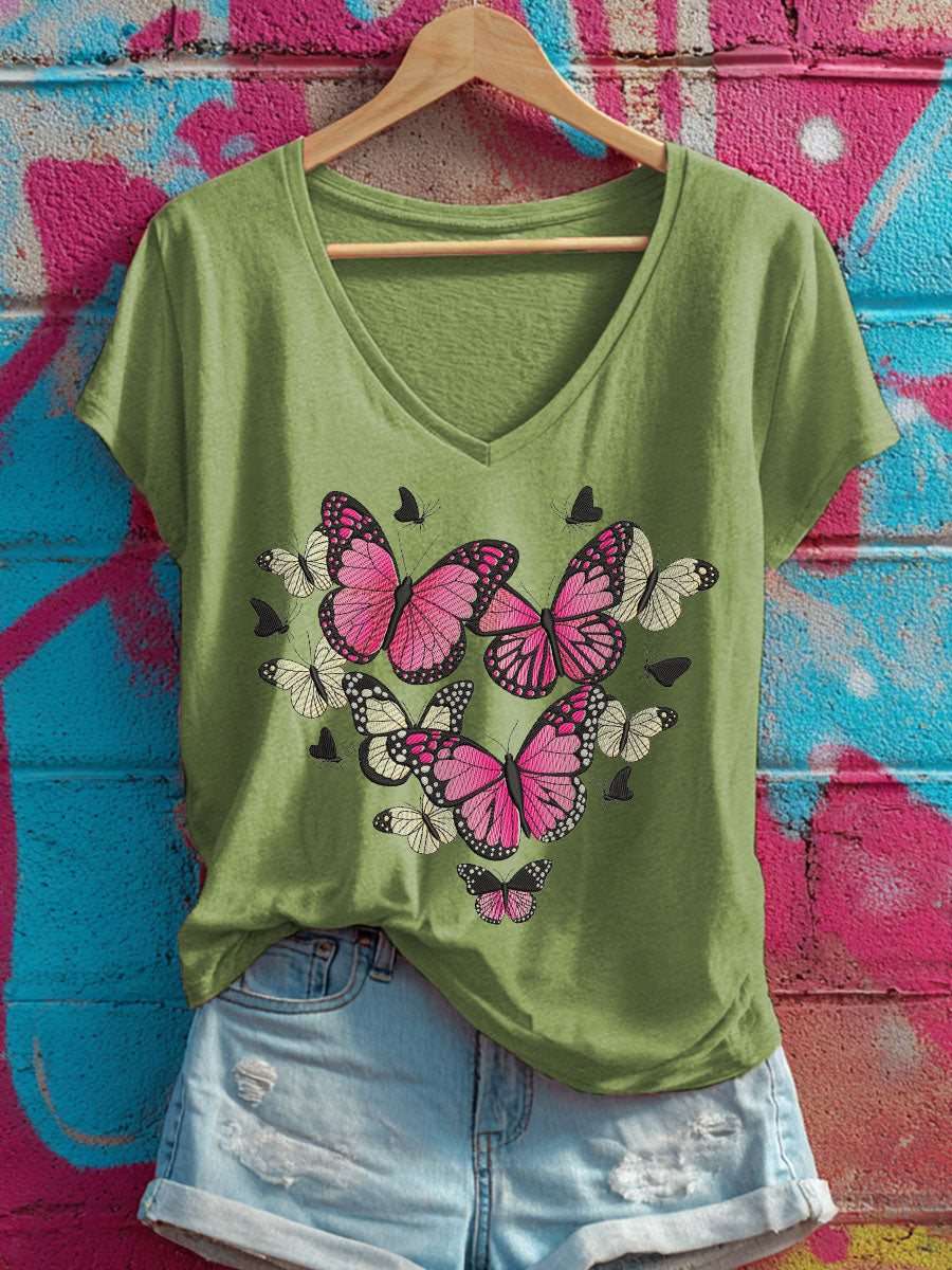 Women's Heart-shaped pink butterfly V-neck T-shirts