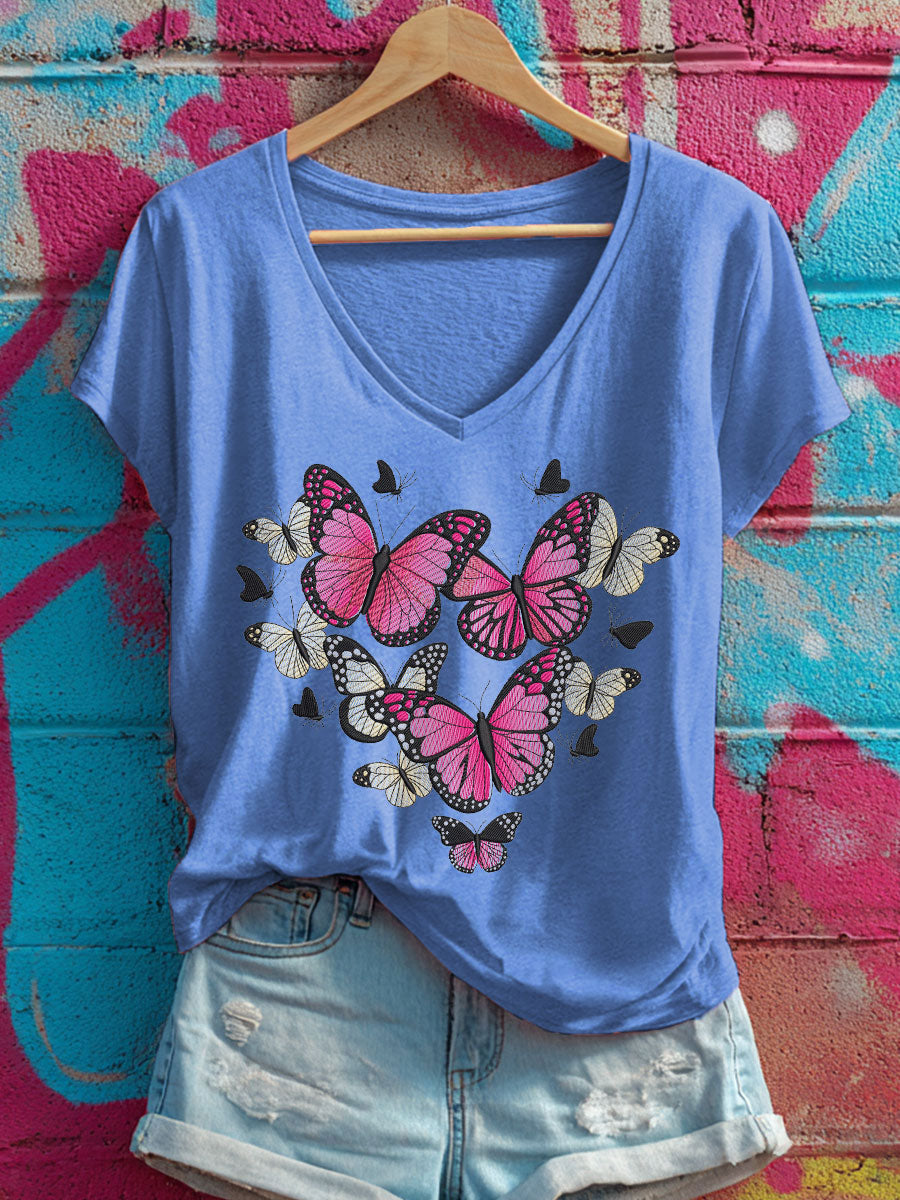 Women's Heart-shaped pink butterfly V-neck T-shirts