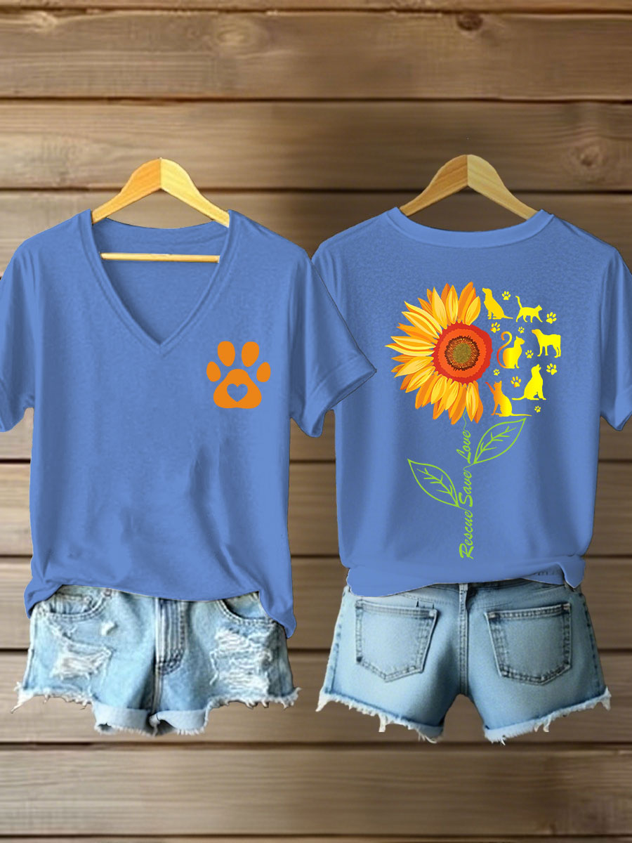 Women's rescate save love Sunflower V-neck T-shirts