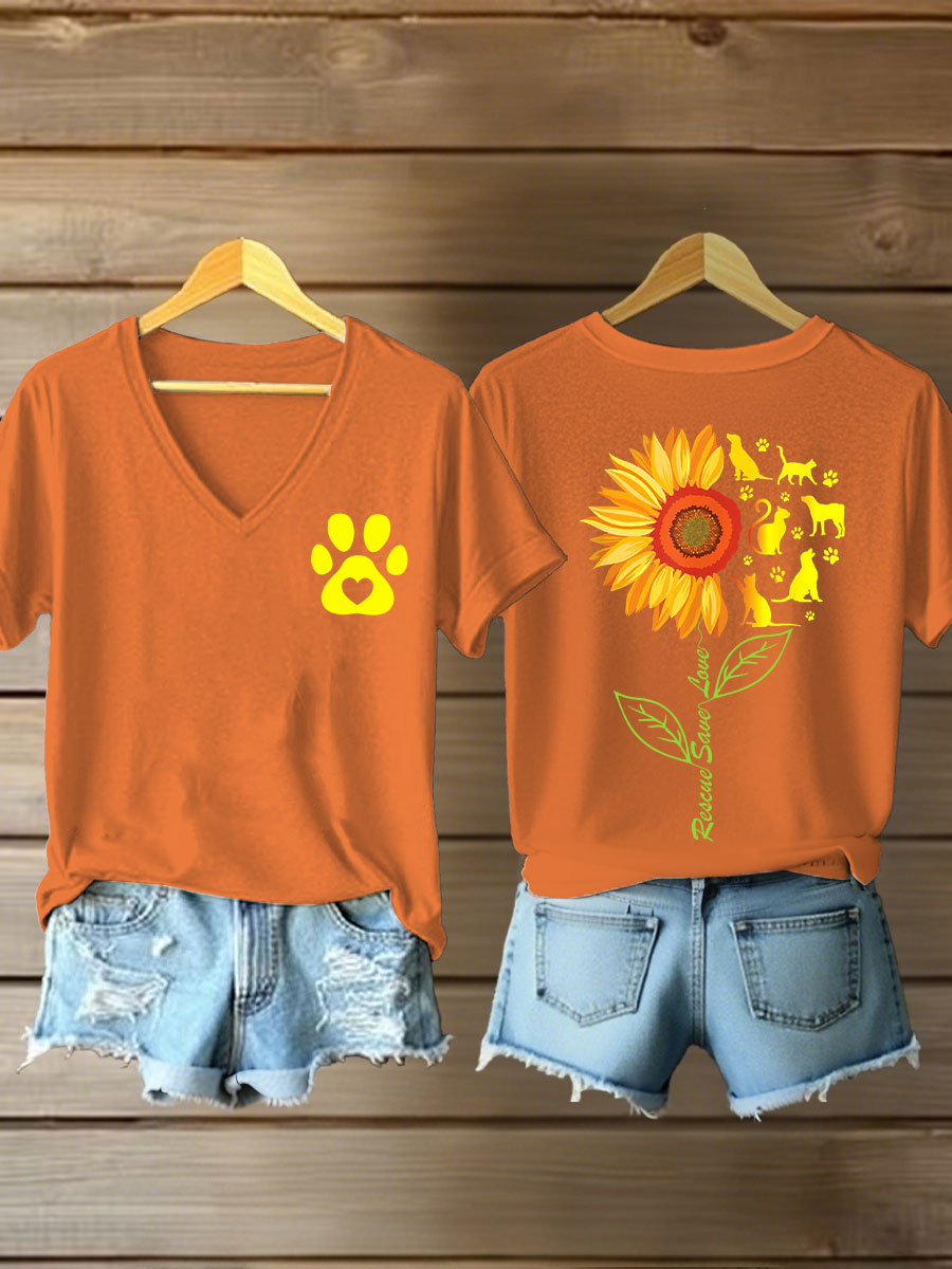 Women's rescate save love Sunflower V-neck T-shirts