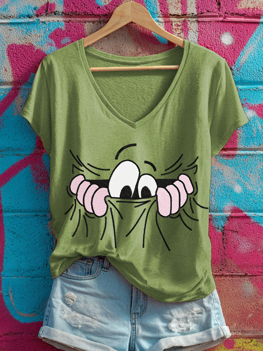 Women's pocket eyes V-neck T-shirts