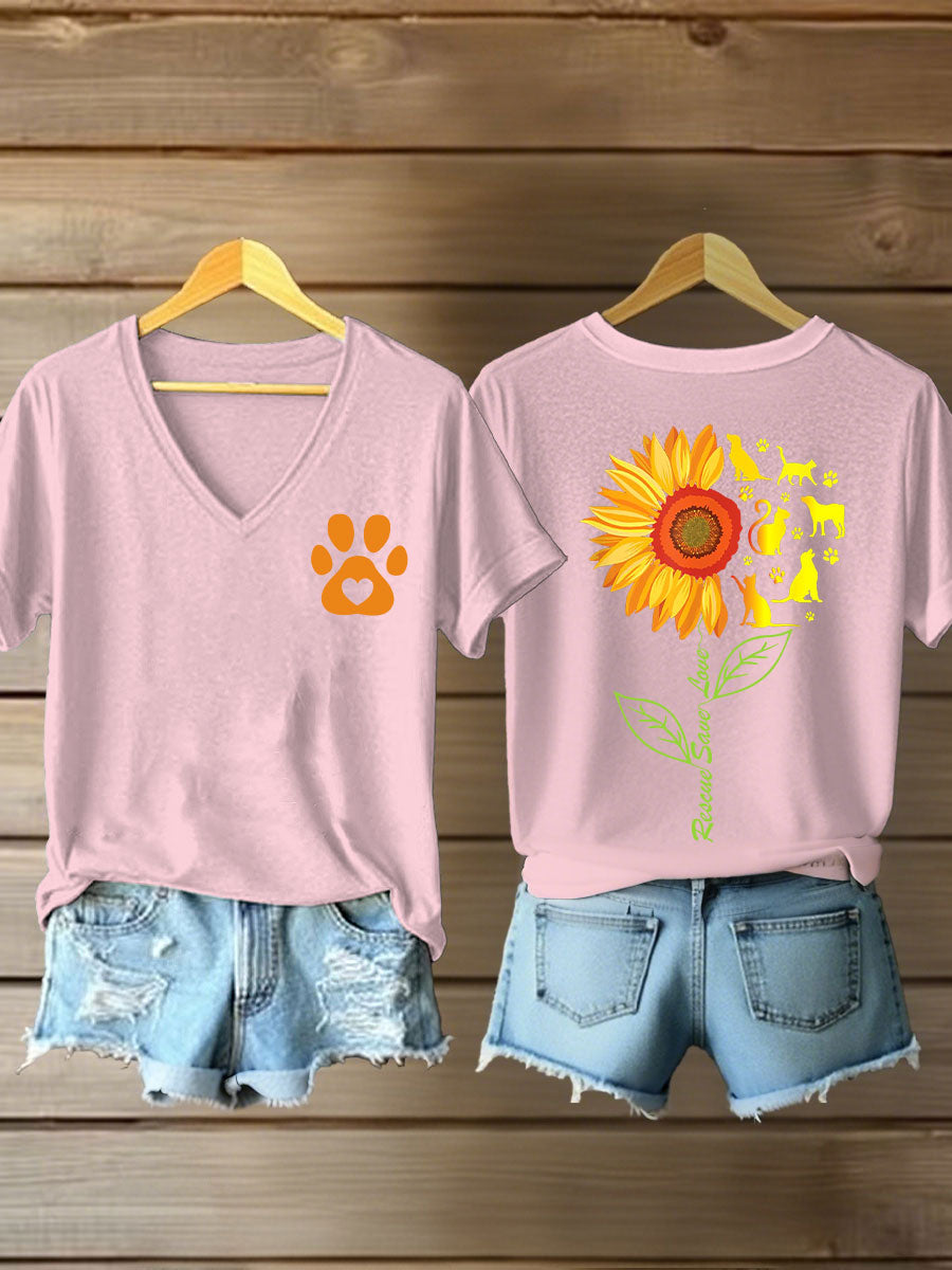 Women's rescate save love Sunflower V-neck T-shirts