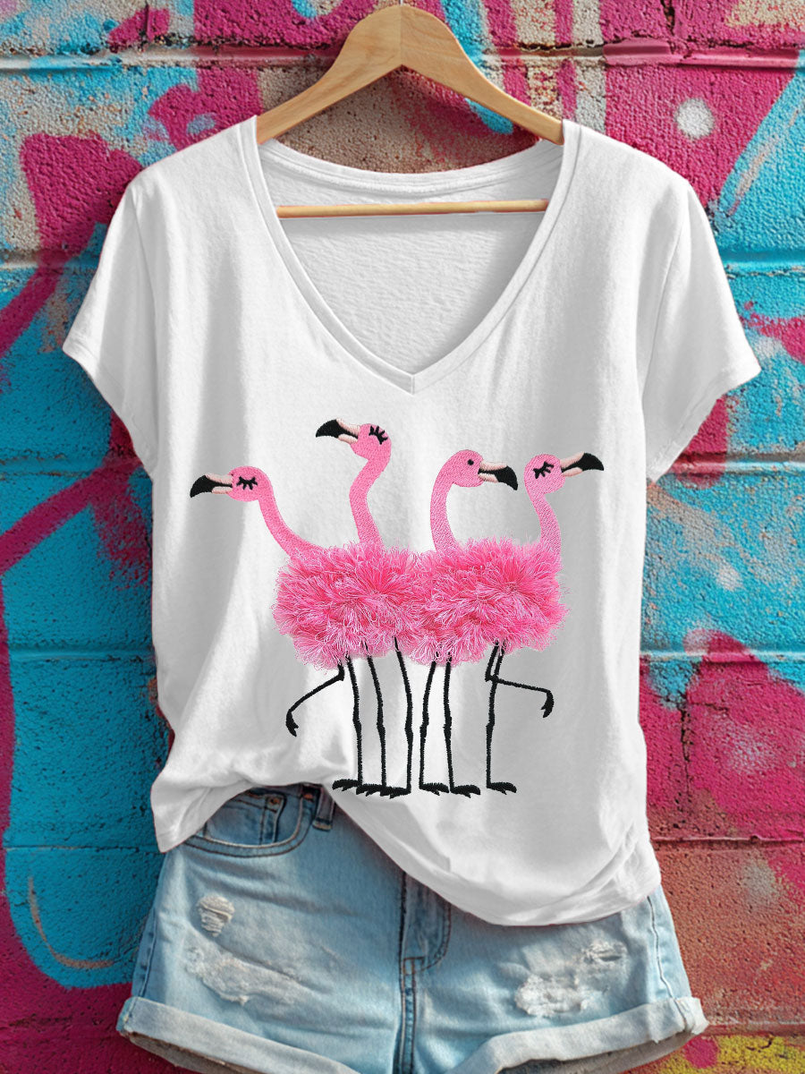 Women's Pink Flamingo V-Neck T-Shirts