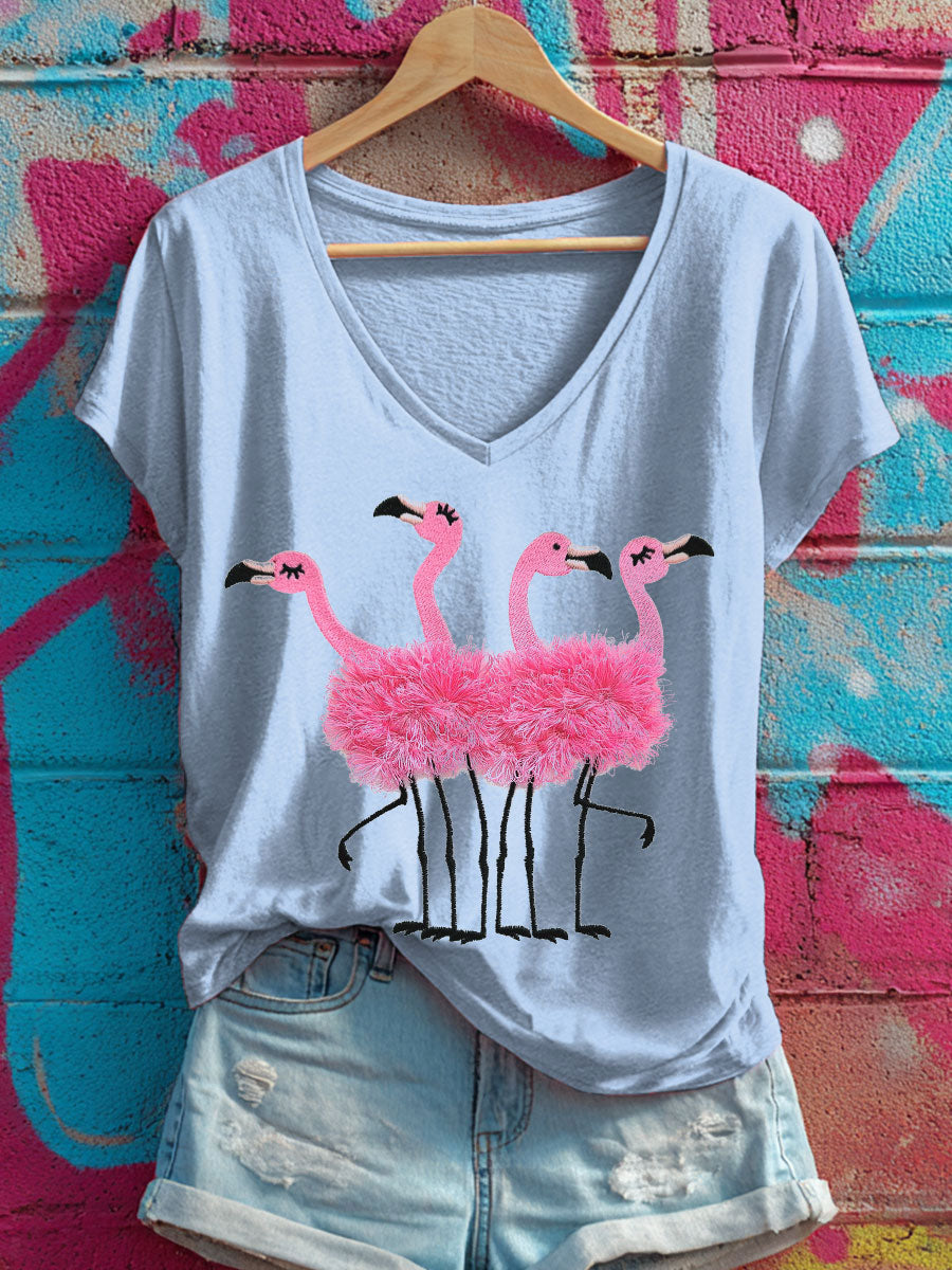 Women's Pink Flamingo V-Neck T-Shirts