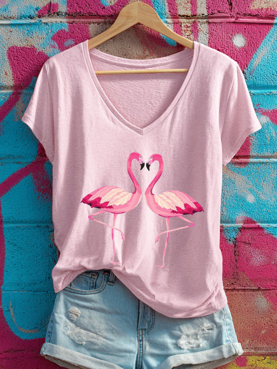 Women's Pink Flamingo V-neck T-shirts