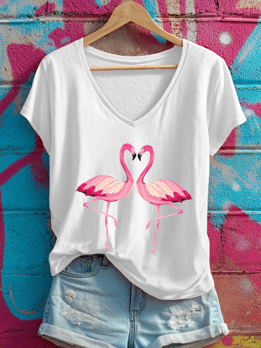 Women's Pink Flamingo V-neck T-shirts