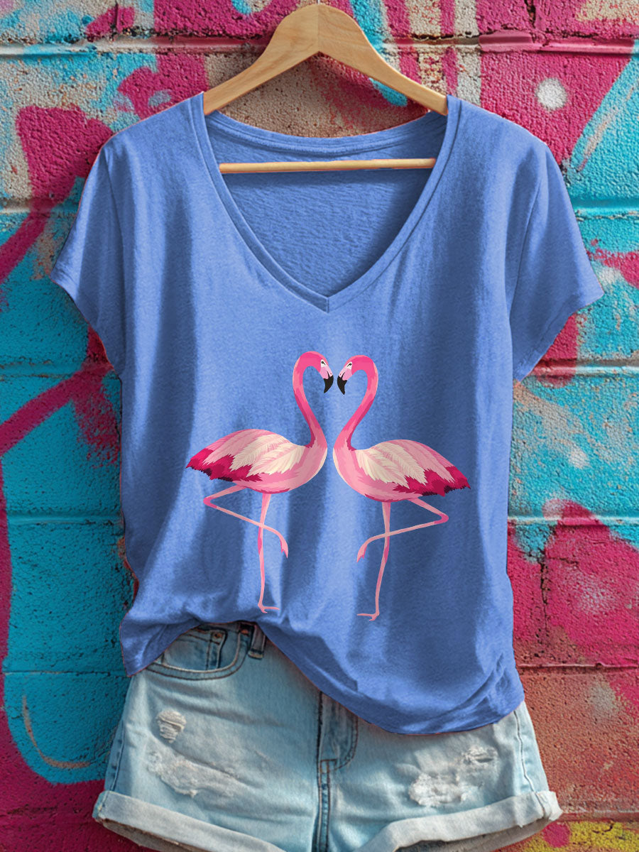 Women's Pink Flamingo V-neck T-shirts