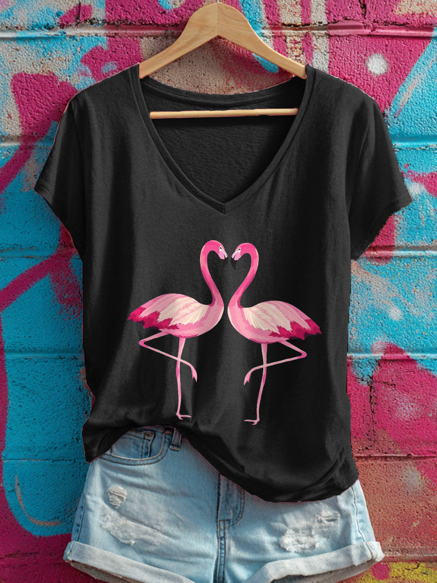 Women's Pink Flamingo V-neck T-shirts