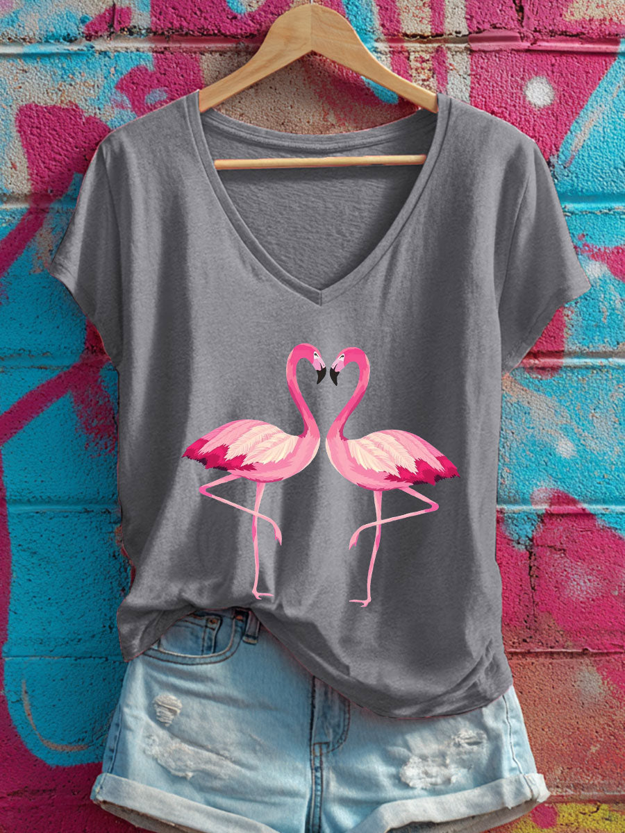 Women's Pink Flamingo V-neck T-shirts