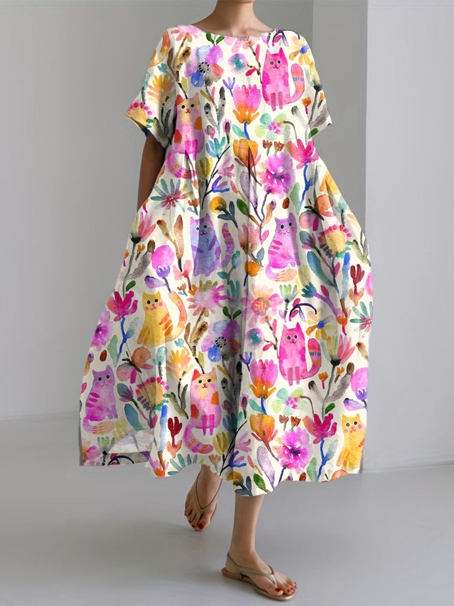 Women's Cat and Flowers Watercolor Art Print Linen Dress
