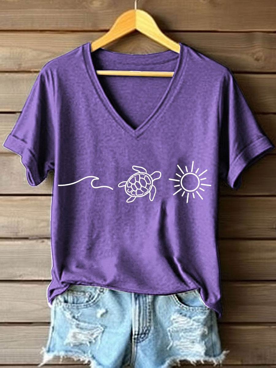 Women's Ocean Turtle Sun Print V-Neck T-Shirt