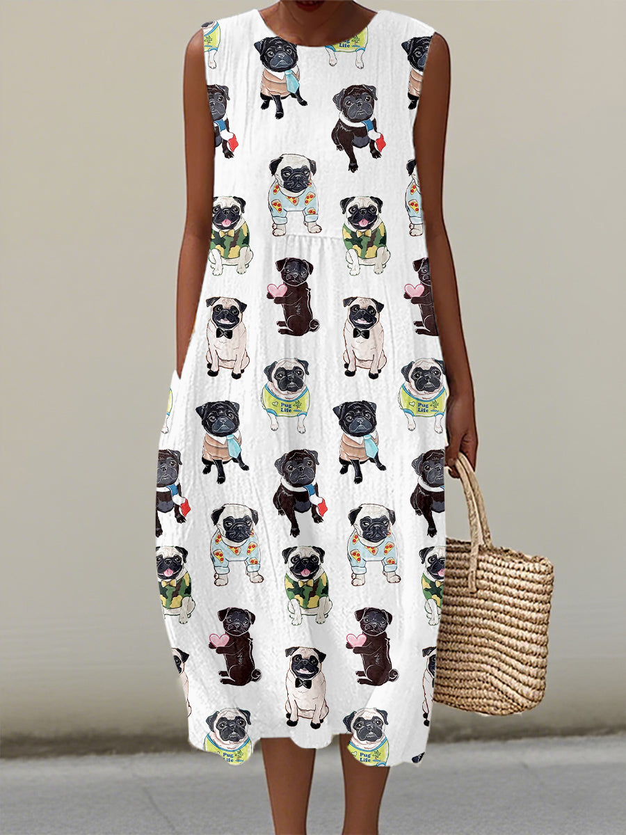 Women's Cute Pug Print Linen Dress