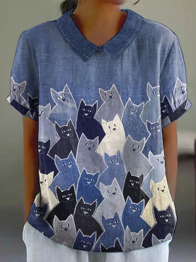Women's art cats print lapel tops