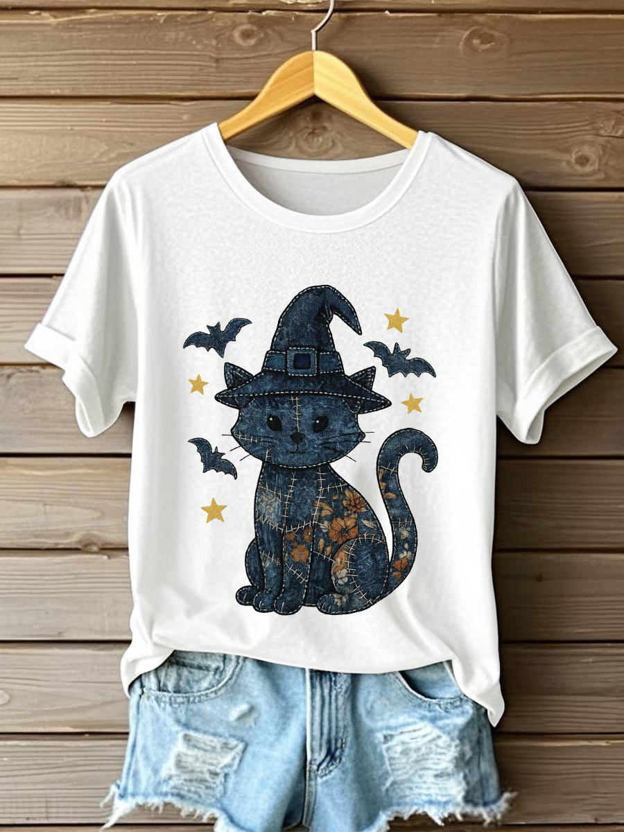 Women's Denim Floral Cat Print Casual T-shirt