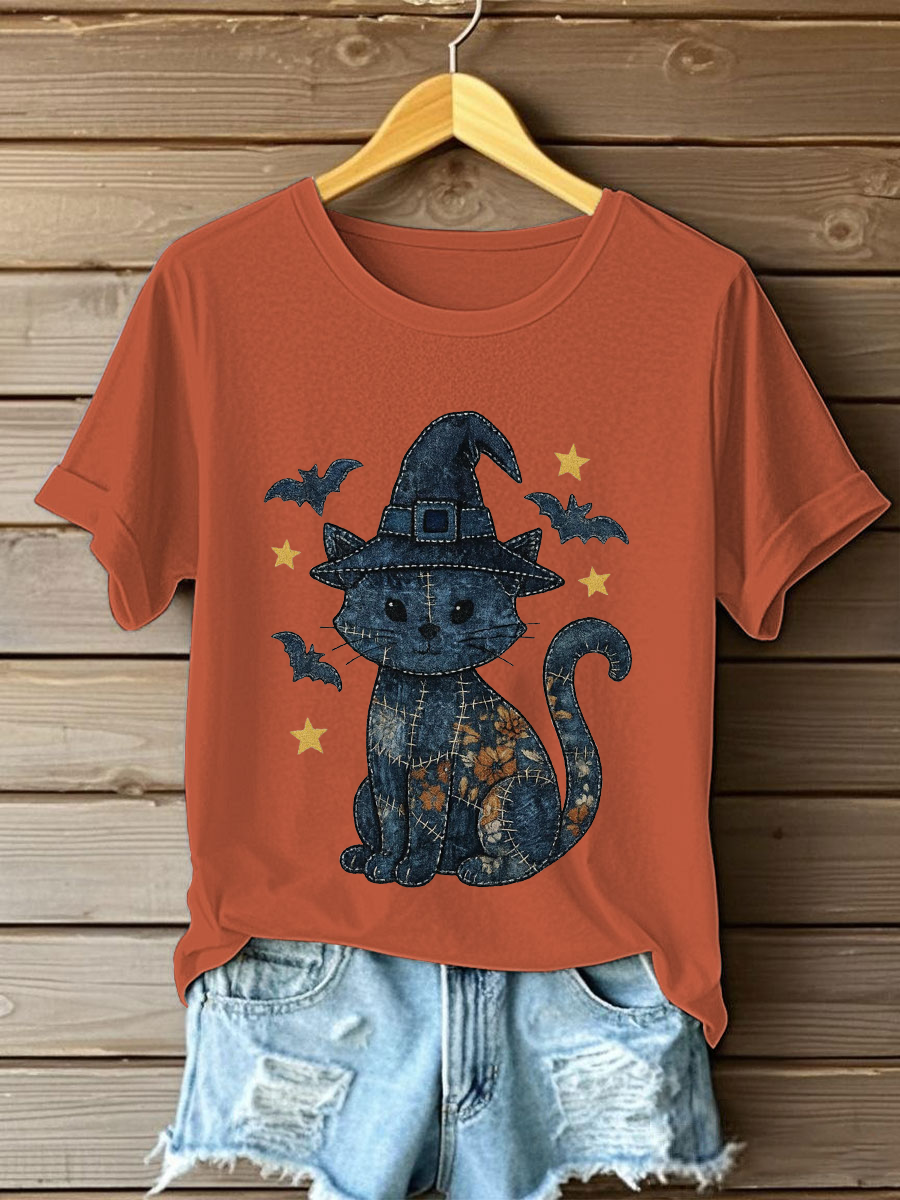 Women's Denim Floral Cat Print Casual T-shirt
