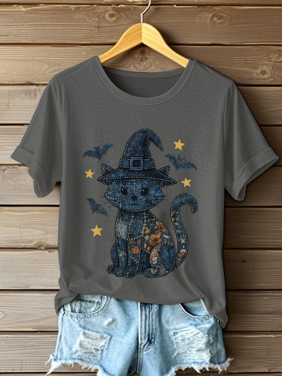 Women's Denim Floral Cat Print Casual T-shirt