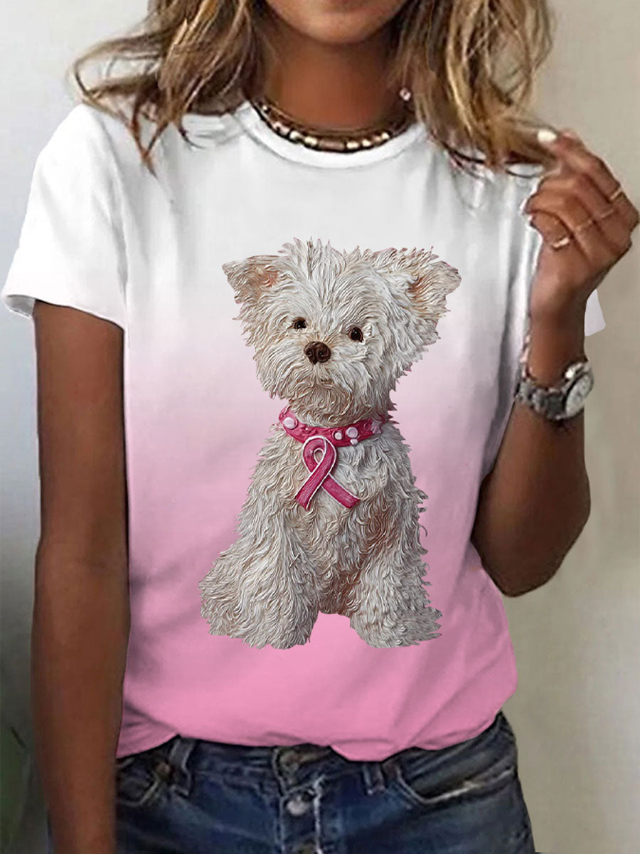 Women's Breast Cancer Pink Ribbon Dog Print Casual T-Shirt