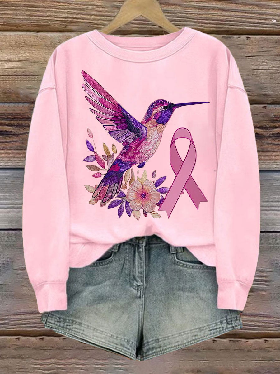 Women's Breast Cancer Hummingbird Print Casual Sweatshirt