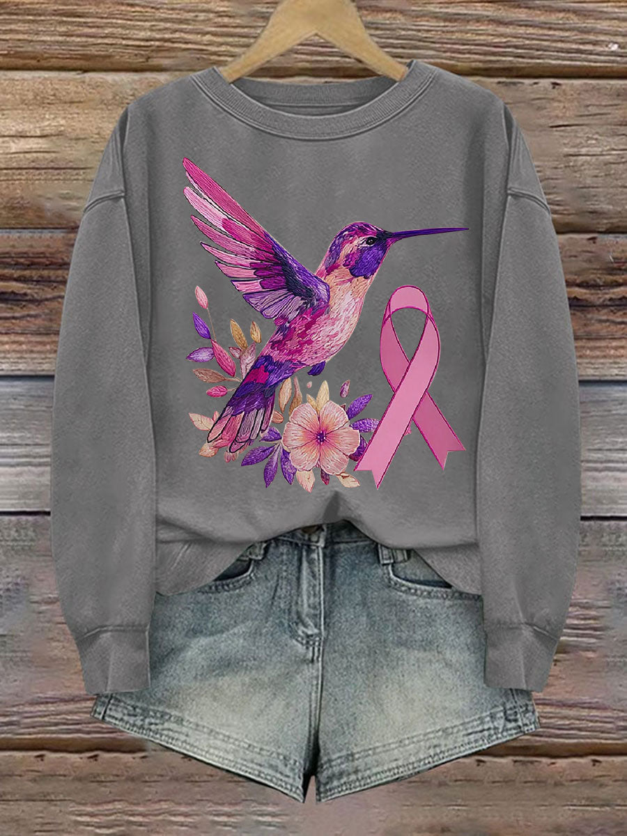 Women's Breast Cancer Hummingbird Print Casual Sweatshirt